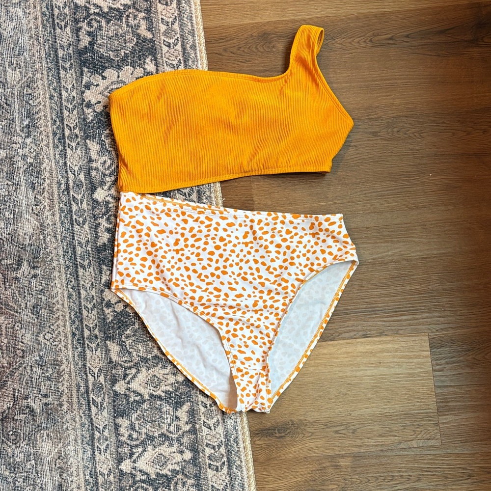 One-Shoulder Mustard Bikini Top with High-Waist Orange Spot Bottoms